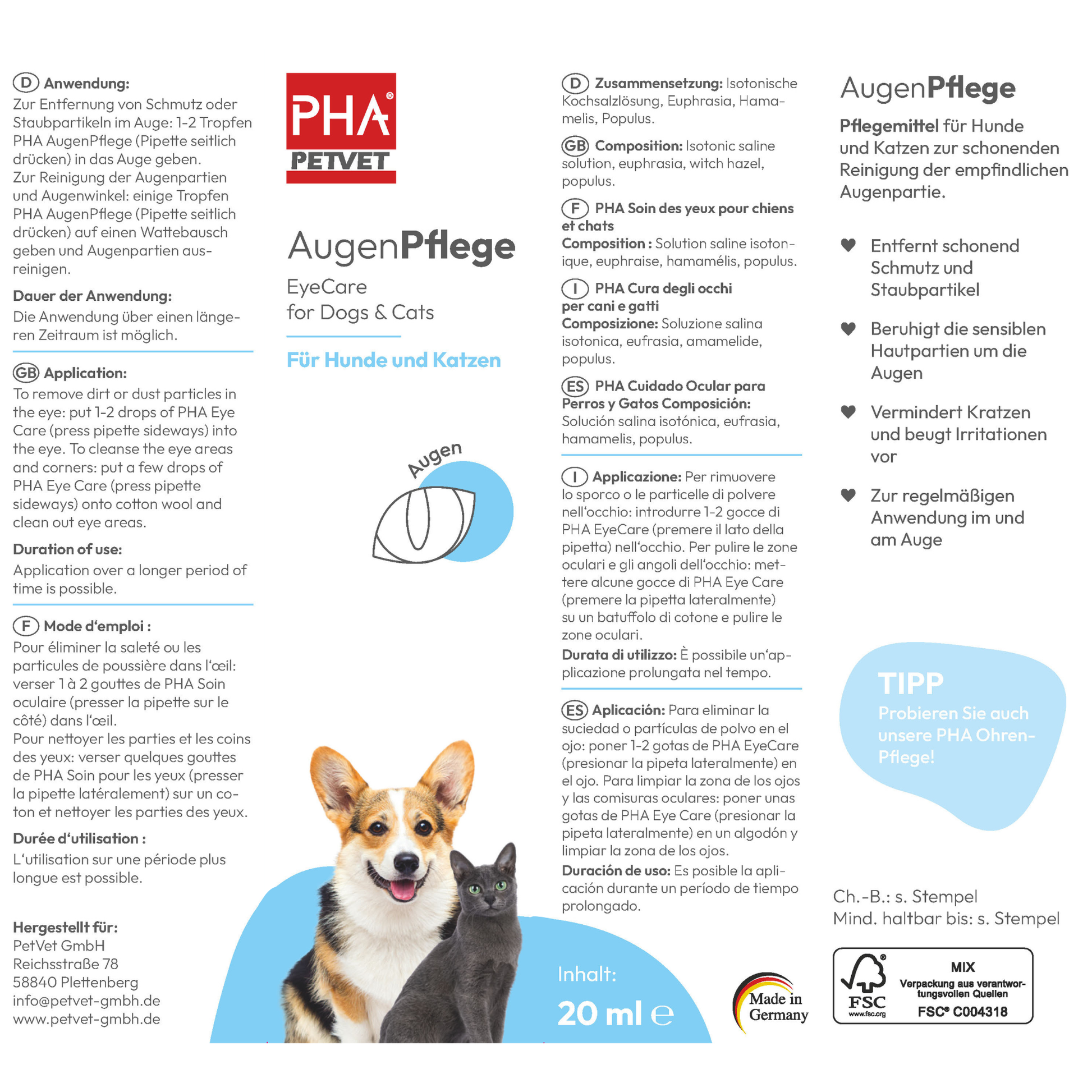 Soin oculaire PHA pour chiens et chats 20 ml Kauartikel.com GmbH