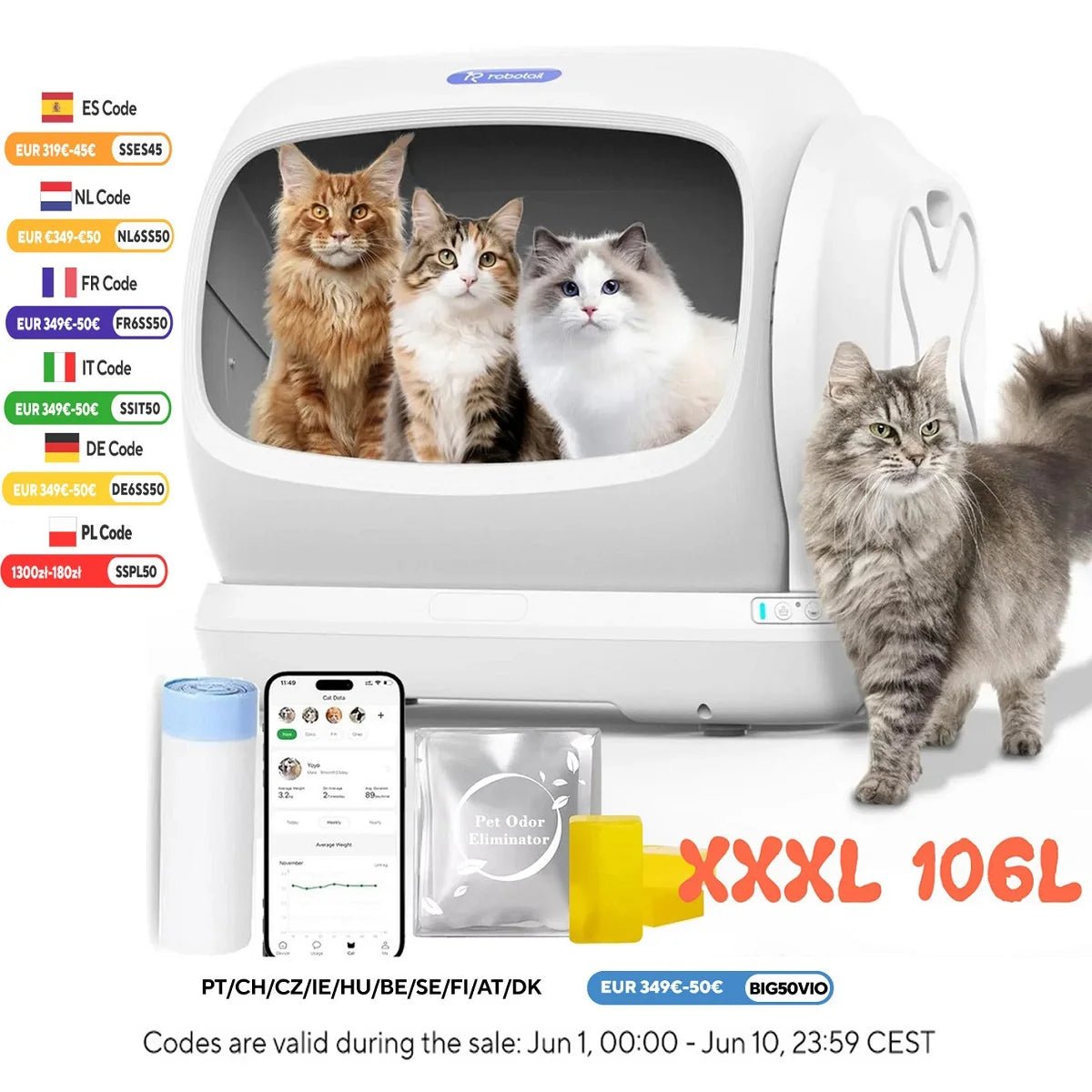 106L Smart Automatic Cat Litter Box, Semi-Open Self-Cleaning Design, Ultra-Quiet, Double-Layer Silicone Mat, Easy Cleaning,C42 - Trufféo