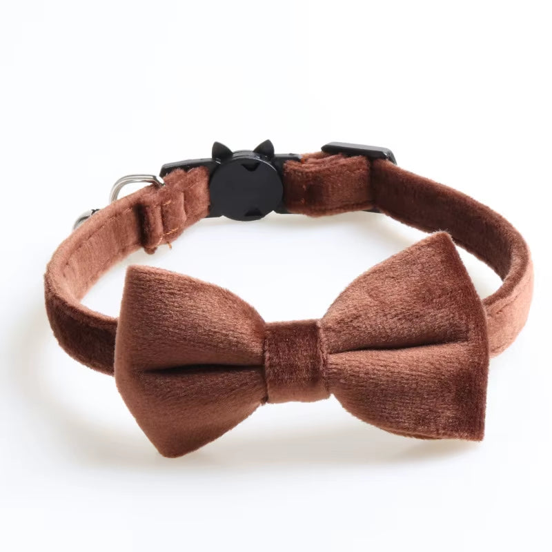 Velvet Cat Collar Solid Color Bowknot Puppy Chihuahua Collars with Bell Adjustable Safety Buckle Cats Bow Tie Pets Accessories