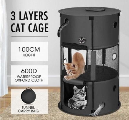 Cat Cage 3 étages - Enclos chat pliable gris 57x57x100cm