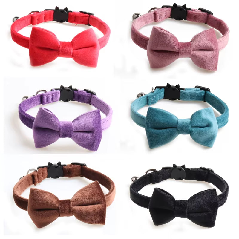 Velvet Cat Collar Solid Color Bowknot Puppy Chihuahua Collars with Bell Adjustable Safety Buckle Cats Bow Tie Pets Accessories