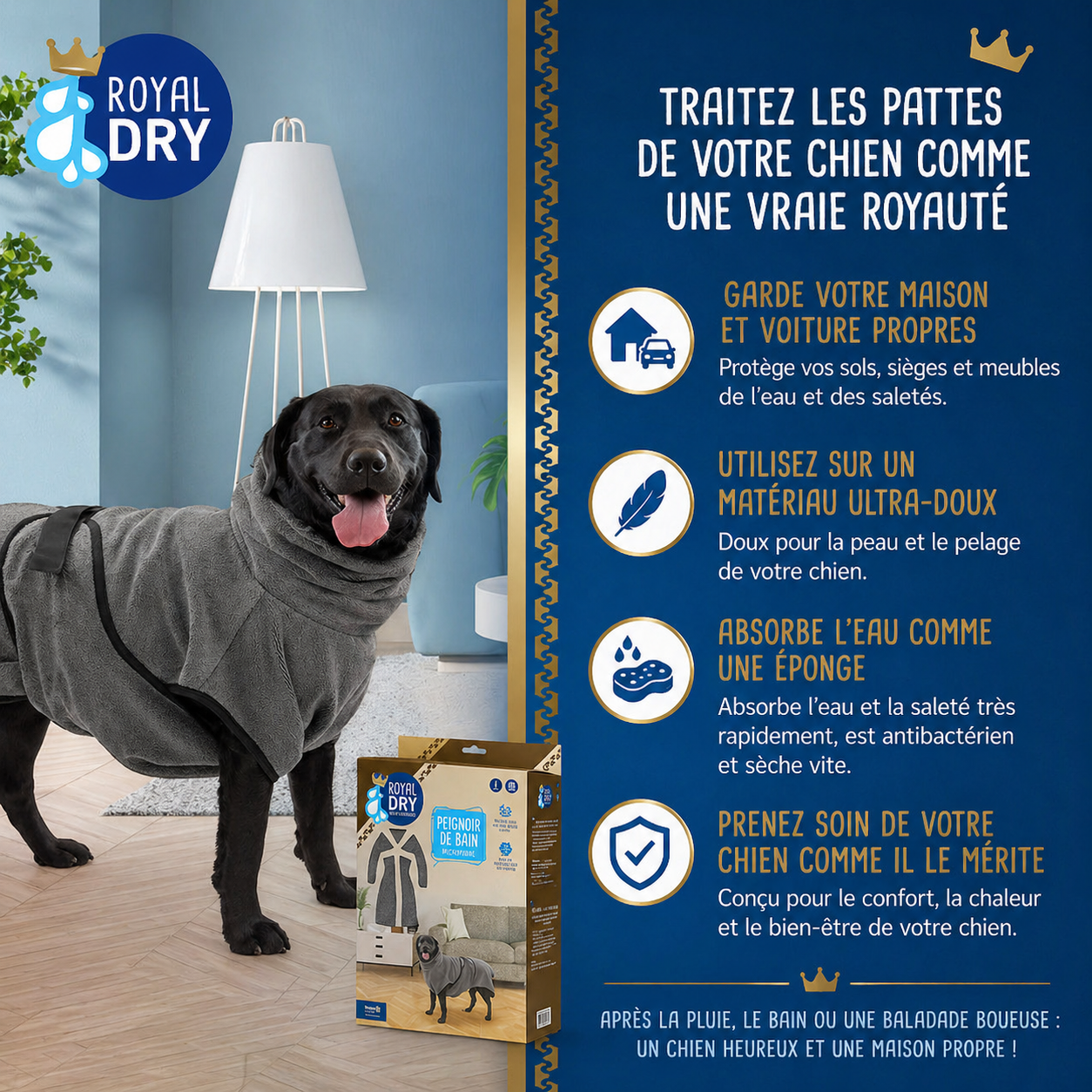Peignoir de bain microfibre Royal Dry pour chien – Ultra-absorbant