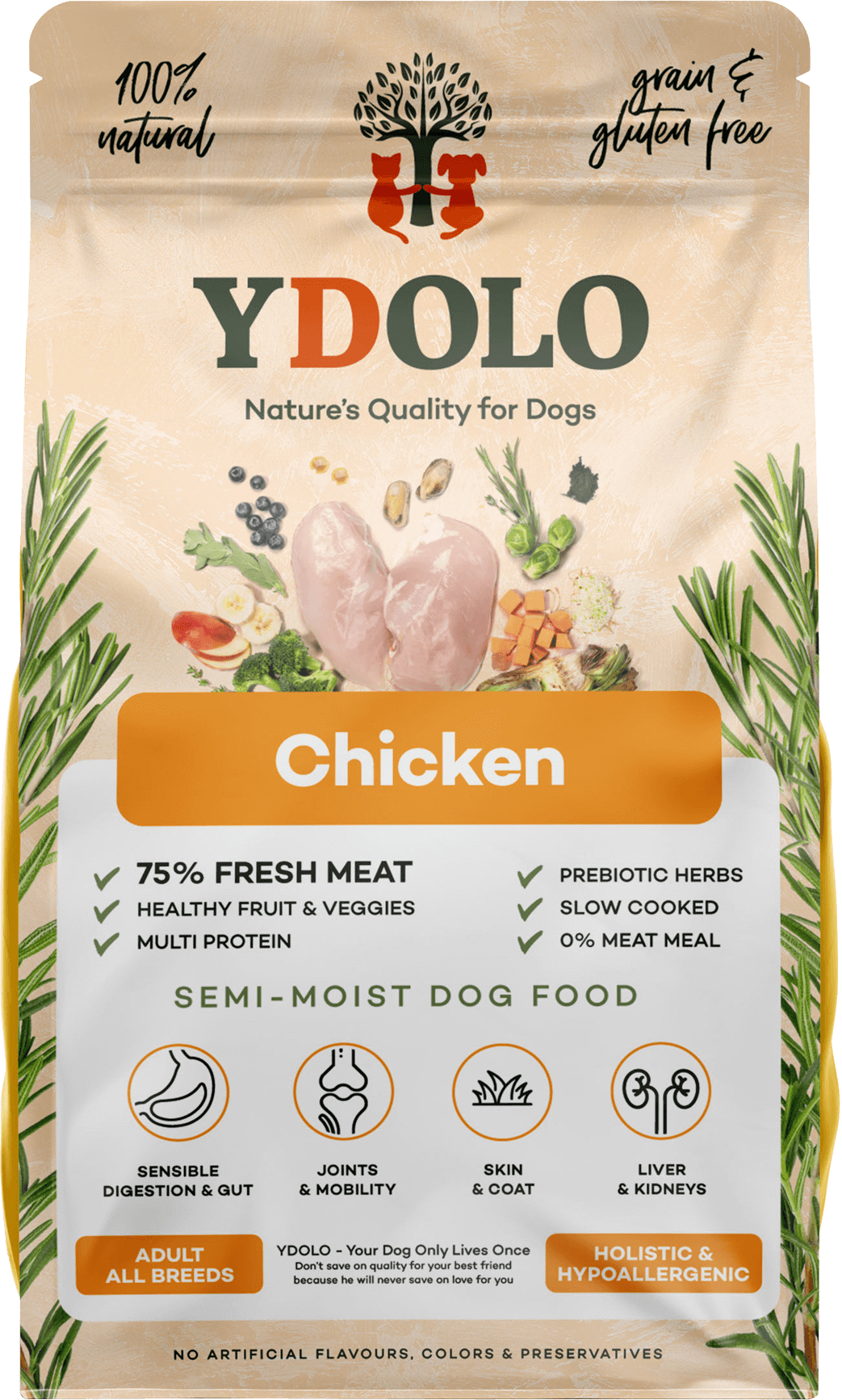 YDOLO Healthy & Pure Poulet — croquettes semi-humides chien, sac