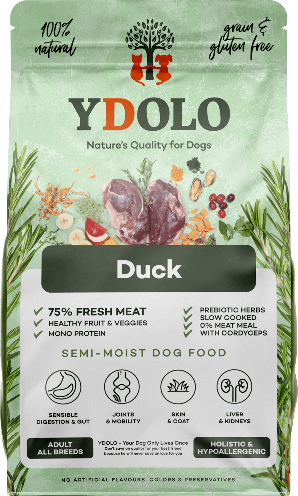 YDOLO Healthy & Pure Canard — croquettes semi-humides chien, sac