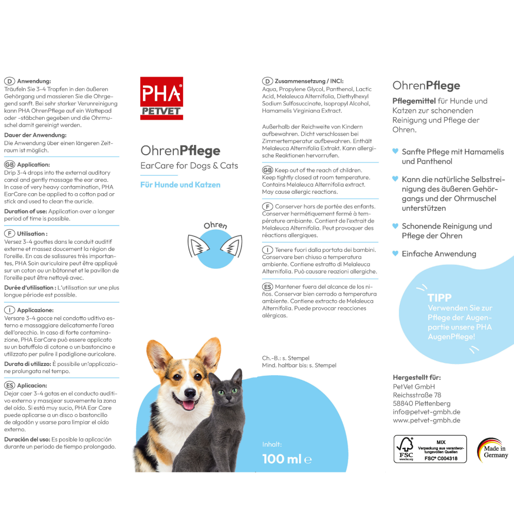 Soin auriculaire PHA pour chiens et chats 100 ml Kauartikel.com GmbH