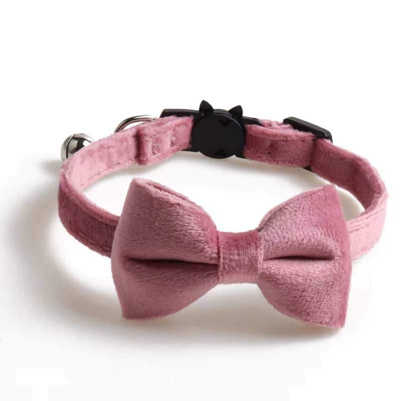 Velvet Cat Collar Solid Color Bowknot Puppy Chihuahua Collars with Bell Adjustable Safety Buckle Cats Bow Tie Pets Accessories