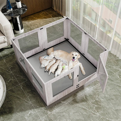 Tempered Glass Pet Whelping Box with Waterproof Fertility Pad Dog Playpen Exercise Cage for Puppies - Trufféo