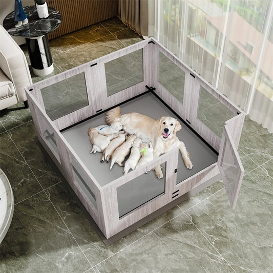 Tempered Glass Pet Whelping Box with Waterproof Fertility Pad Dog Playpen Exercise Cage for Puppies - Trufféo