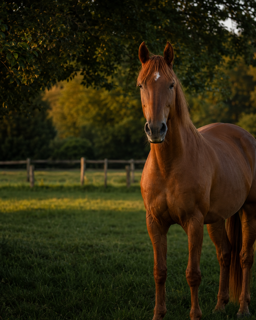 Cheval en pâture au coucher du soleil