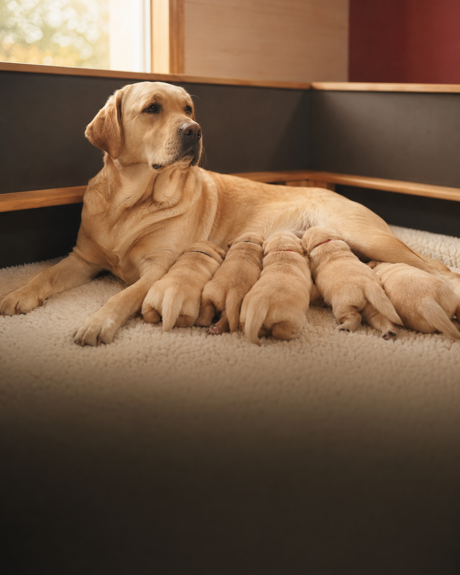 Labrador et chiots dans un espace de maternité chaleureux